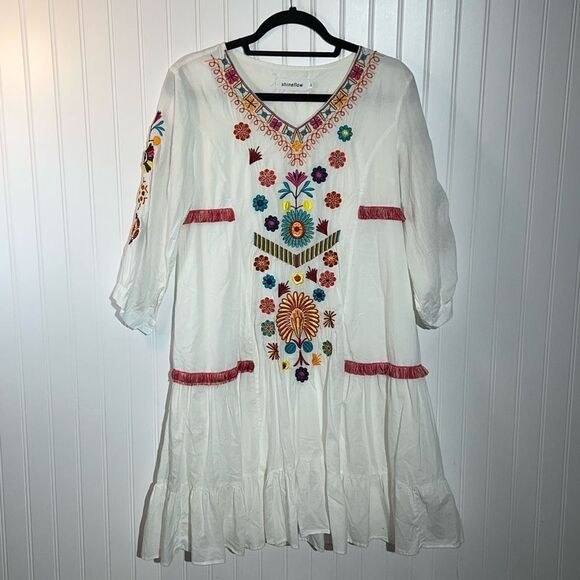 Shineflow Embroidered Pheasant Dress Women’s Medium White Multi Colored Lined - Picture 1 of 11